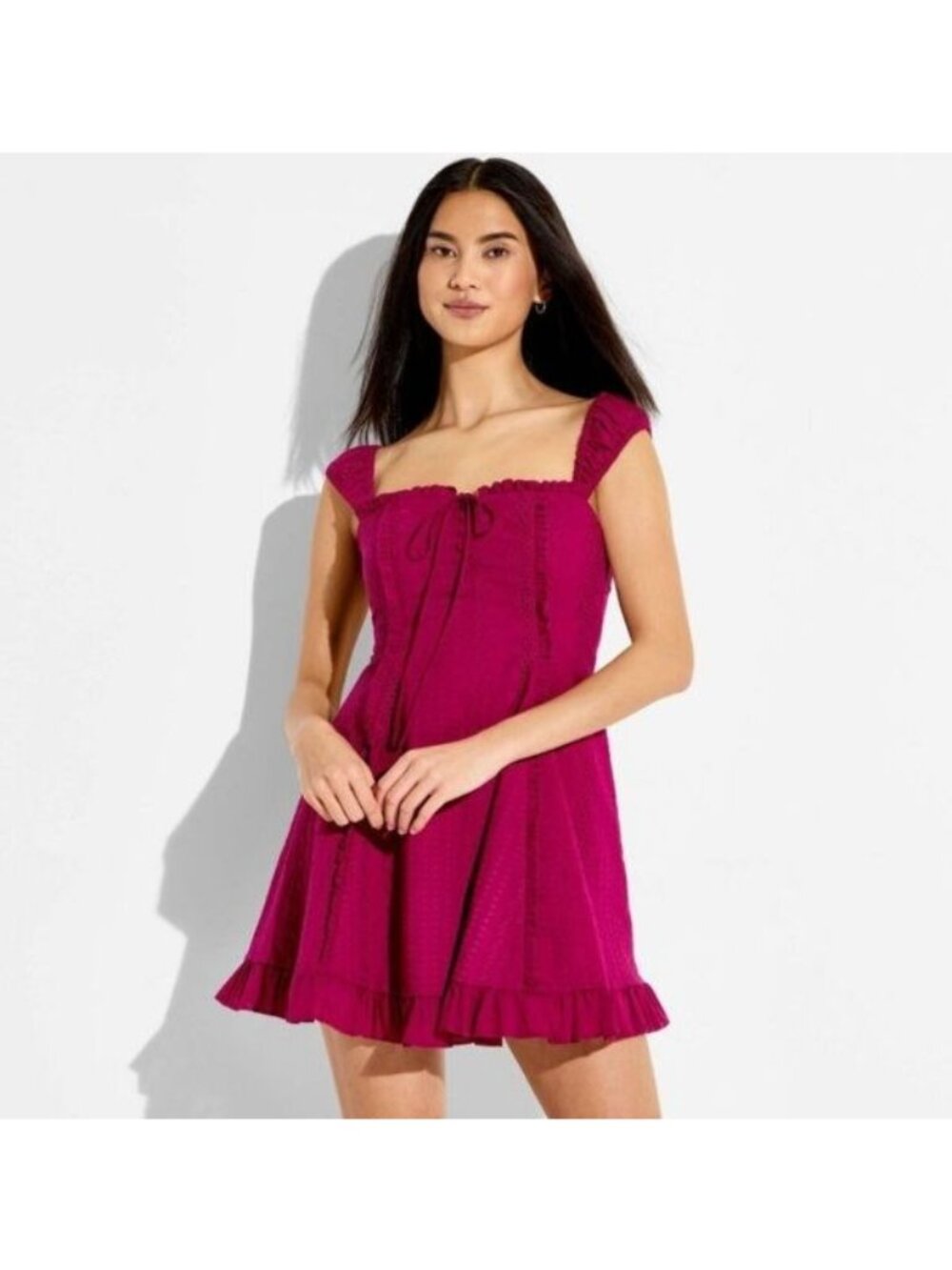 Wild Fable Women's XS Magenta Eyelet Smocked Ruffle Mini Dress Sleeveless Pink